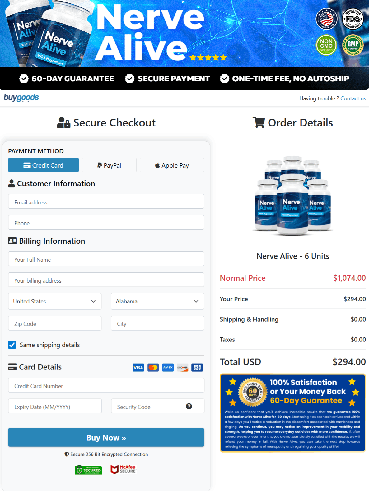Nerve Alive Checkout page